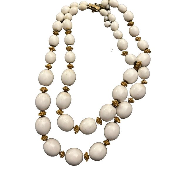 Vtg Double Str 1950’s Crown TRIFARI White Lucite & Gold Bead Necklace Adj Double - Picture 1 of 6